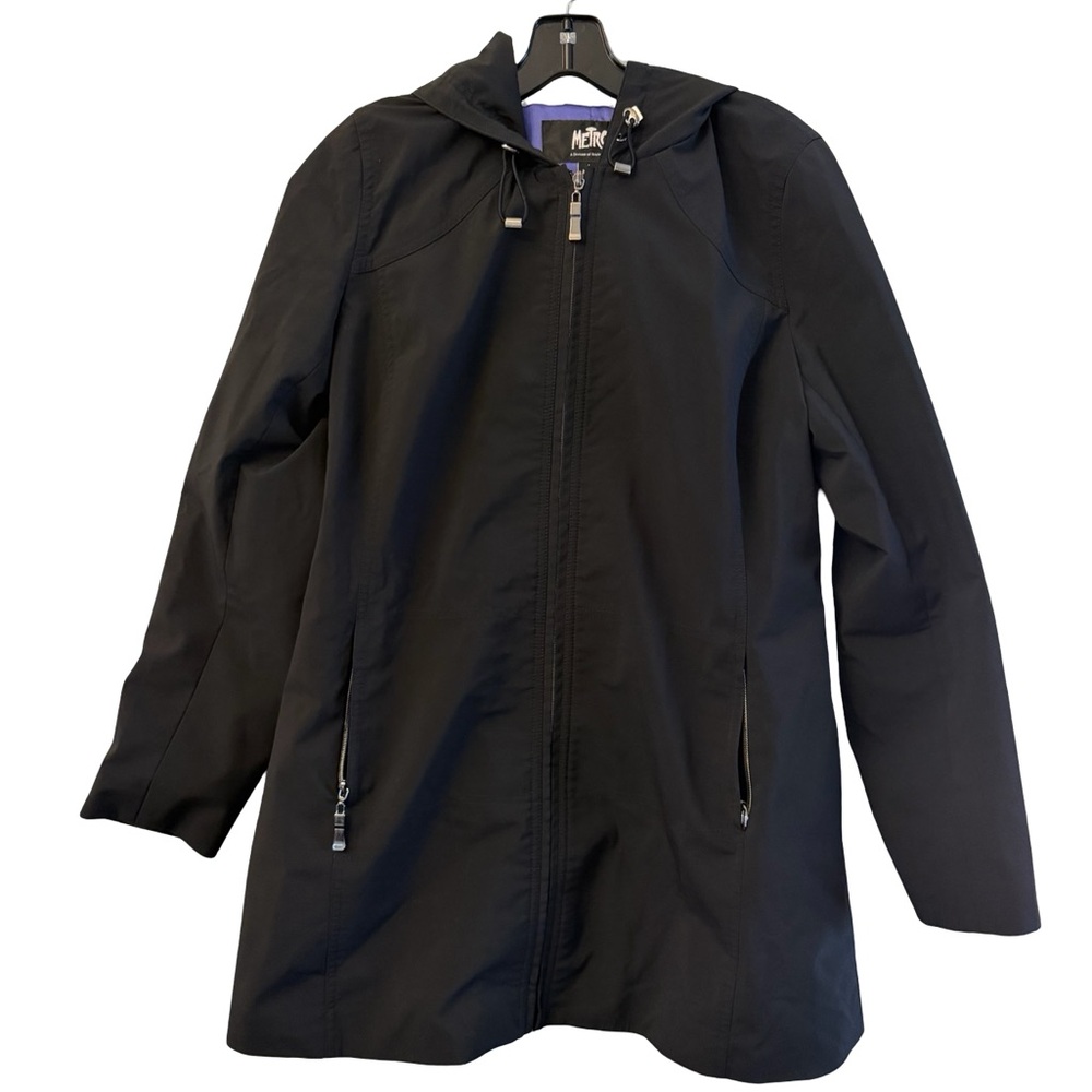 Metro Jacket Women Black Waterproof Long Sleeve Cinch Waist Hooded Zipper Size L